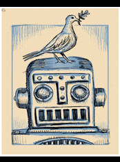 emek x: peace dove sits on a robot head