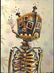 emek art print robot lil tuff junk on pot foil paper left facing