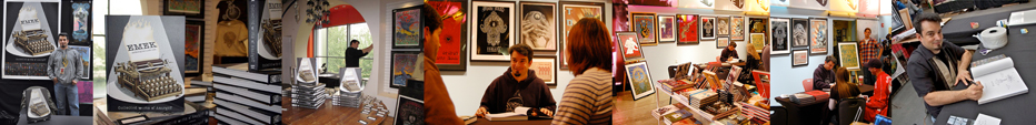 Image collage of emek at various galleries...  on a signing tour