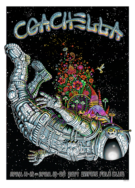 EMEK- Coachella 2014 Robot Astronaut floats with Coachella in bright colors features ferris wheel, flowers, hummingbird on back