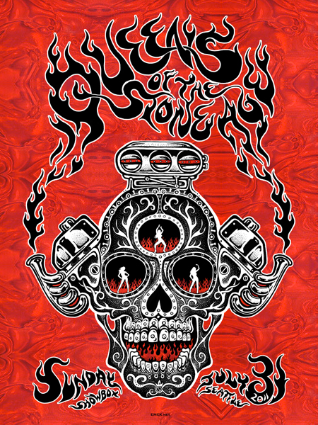 EMEKx: Queens of the Stone Age at the Showbox Seattle, WA IMAGE: black engine skull, flames, motor on red linticular paper, illustrated text