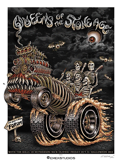 EMEKx: Queens of the Stone Age Halloween show at the Forum Los Angeles, CA IMAGE: band in a skull machine roadster band as skeletons hang onto back with instruments, bats fly in background black, gray clouds, red, oranges